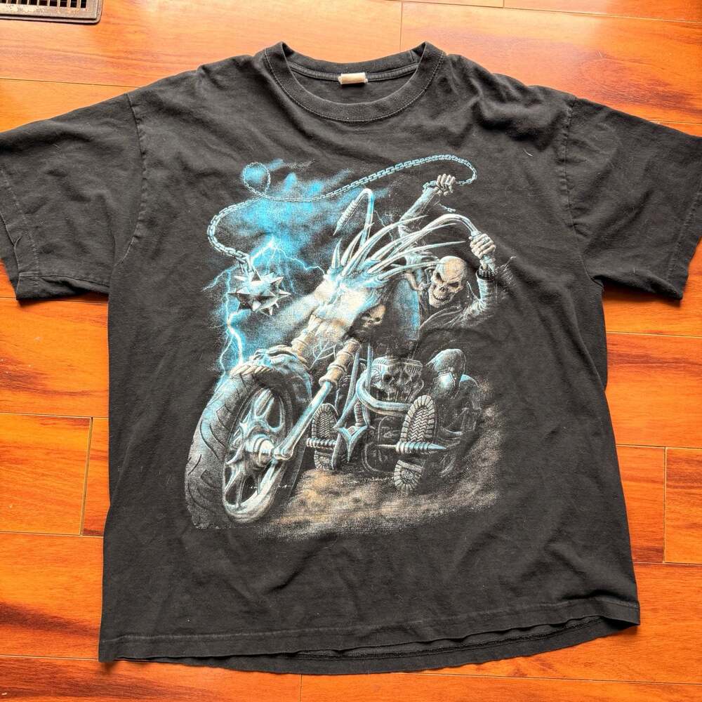 Vtg CH Series T Men M Black Graphic Skulls Death Goth Y2K 90s Cholo Rare